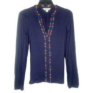 Boden Women's‎ blouse Ali Navy Blue Long Sleeve Pom Top Rainbow V Neck size 0